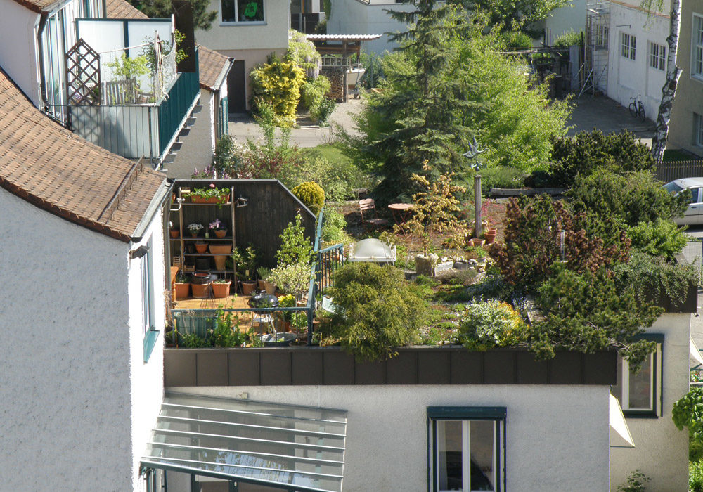 Dachbegrünung am Mehrfamilienhaus, Dachterrasse.