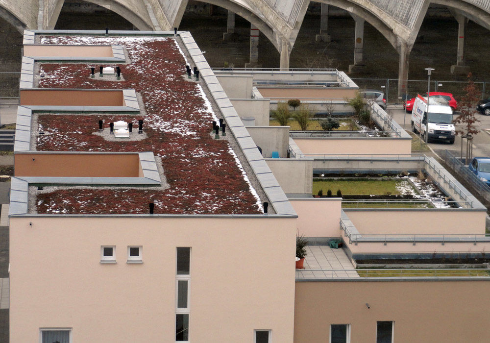 Flachdach mit Dachterrassen auf Mehrfamilienhäusern.